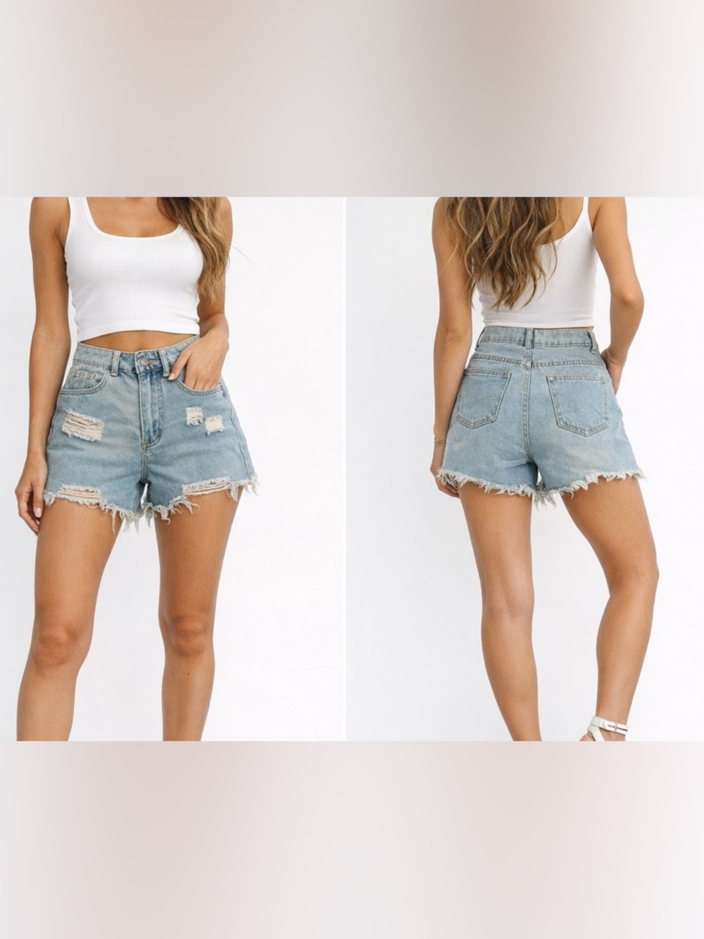 ROMWE WMN Denim Shorts XS High Rise Frayed Hem Light Wash Casual